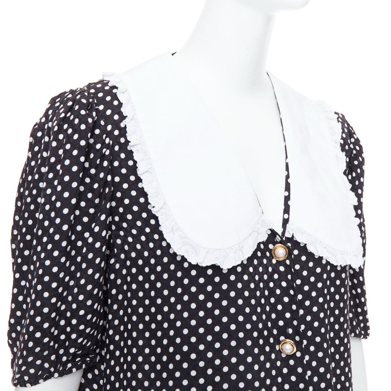 MIU MIU 2021 black white silk cotton trim polka dot vintage blouse IT42 M