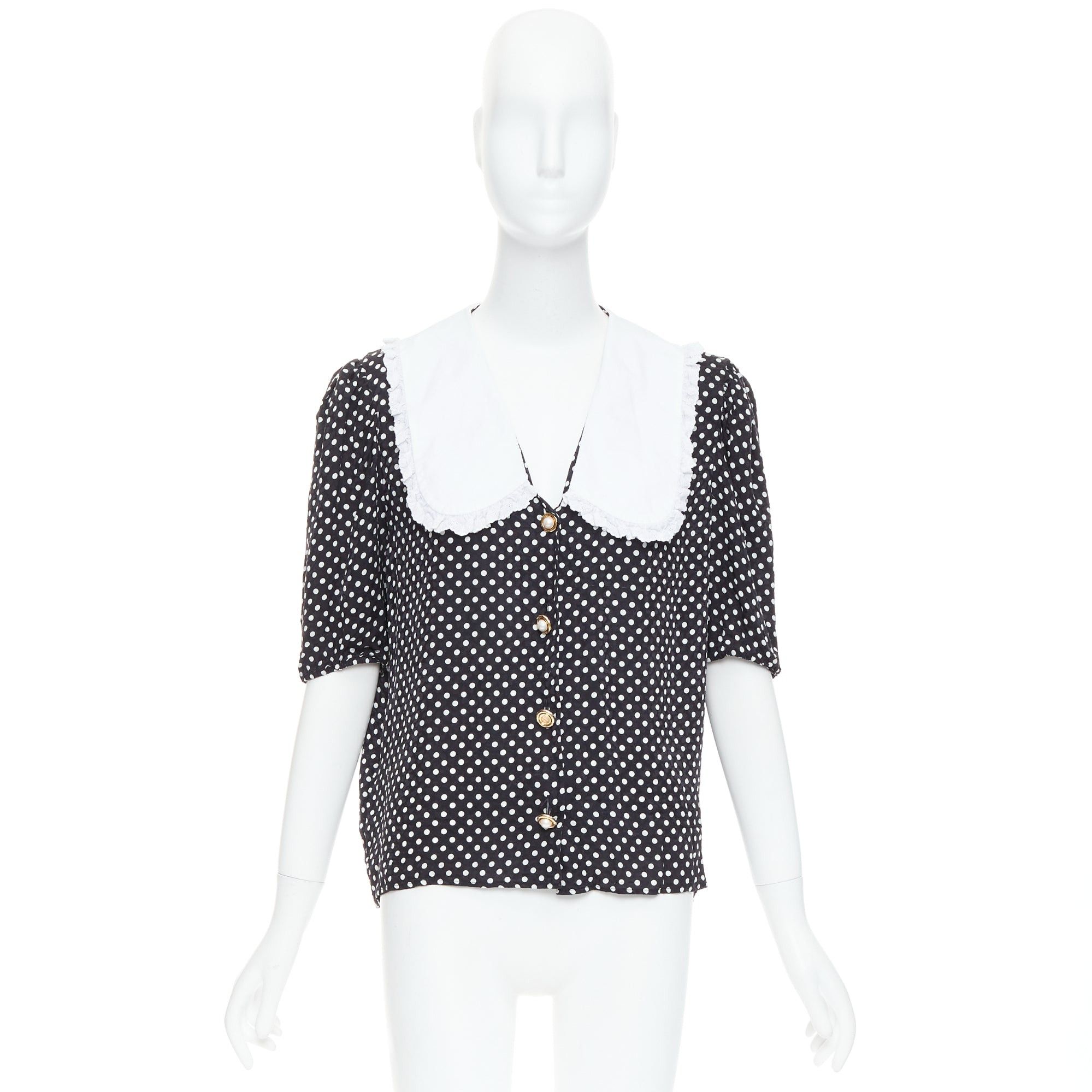 MIU MIU 2021 black white silk cotton trim polka dot vintage blouse IT42 M