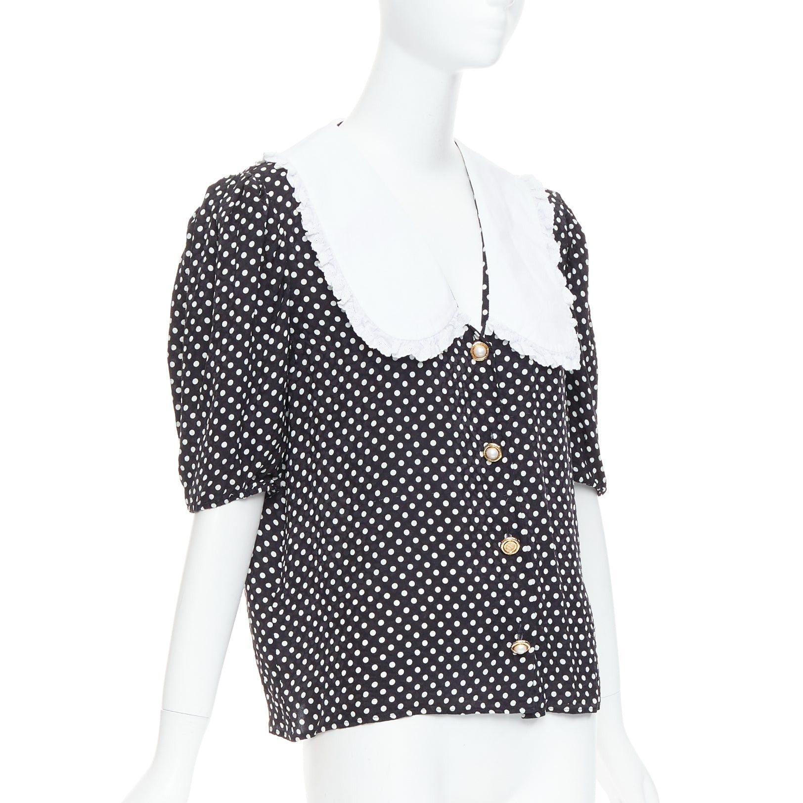 MIU MIU 2021 black white silk cotton trim polka dot vintage blouse IT42 M