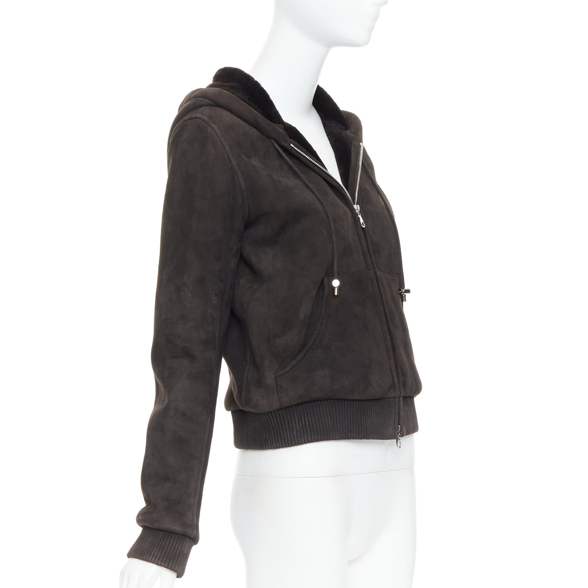Loewe LOEWE charcoal brown lamb shearling lined hooded cropped suede jacket FR38 M Size M / US 6-8 / IT 42-44 - 4 Thumbnail