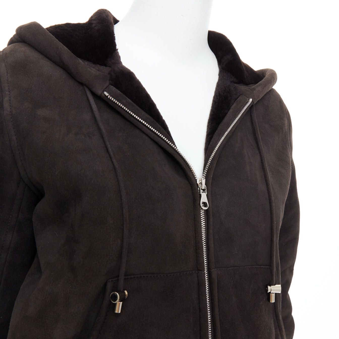Loewe LOEWE charcoal brown lamb shearling lined hooded cropped suede jacket FR38 M Size M / US 6-8 / IT 42-44 - 2 Thumbnail