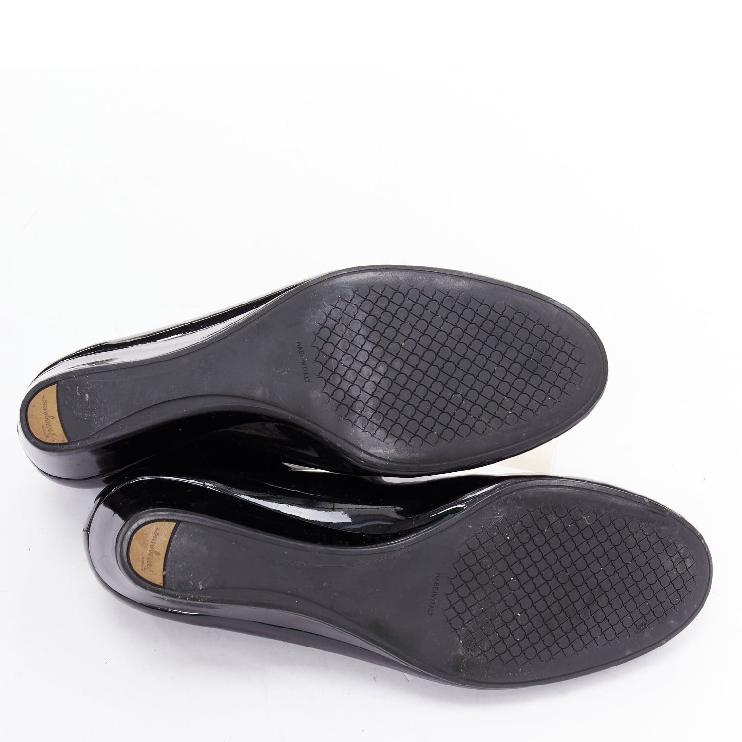 Salvatore Ferragamo SALVATORE FERRAGAMO gold big buckle black patent leather wedges 6.5 Size US 6.5 / IT 36.5 - 11 Thumbnail