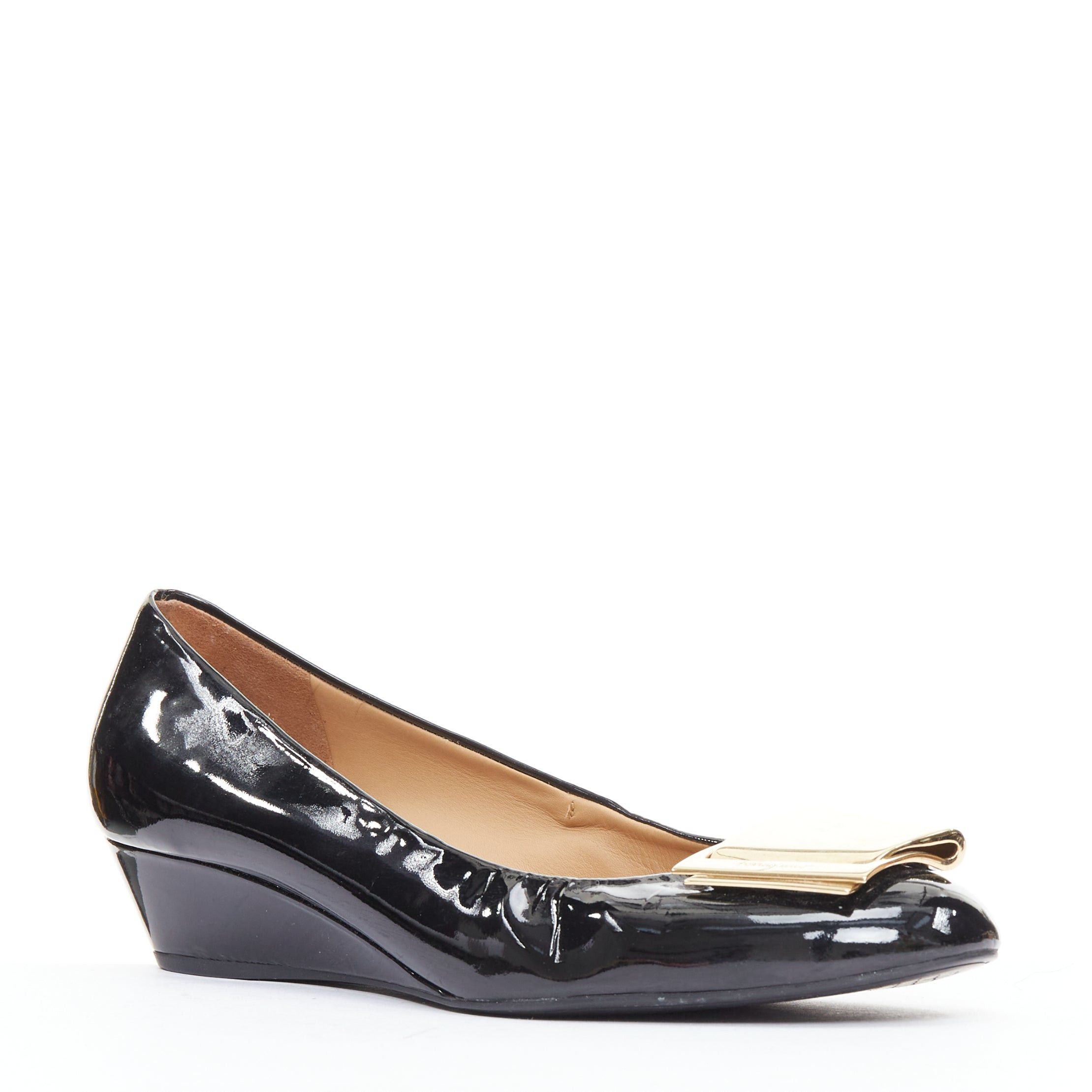 Salvatore Ferragamo SALVATORE FERRAGAMO gold big buckle black patent leather wedges 6.5 Size US 6.5 / IT 36.5 - 2 Thumbnail