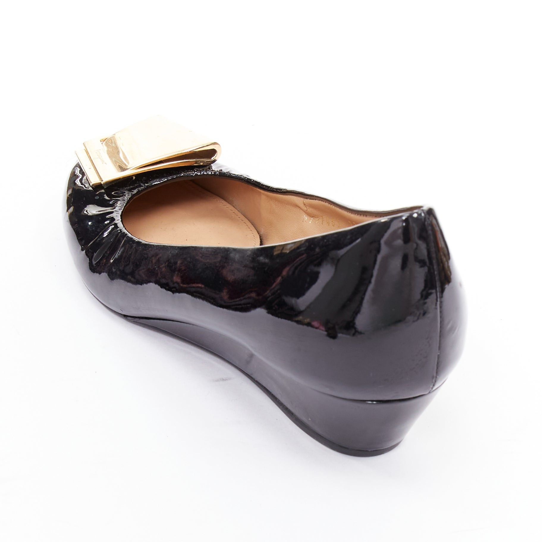 Salvatore Ferragamo SALVATORE FERRAGAMO gold big buckle black patent leather wedges 6.5 Size US 6.5 / IT 36.5 - 8 Thumbnail