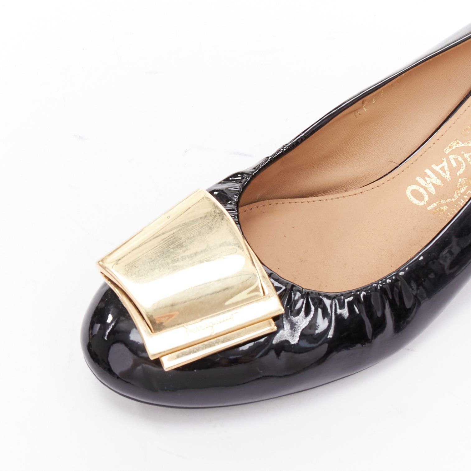 Salvatore Ferragamo SALVATORE FERRAGAMO gold big buckle black patent leather wedges 6.5 Size US 6.5 / IT 36.5 - 7 Thumbnail