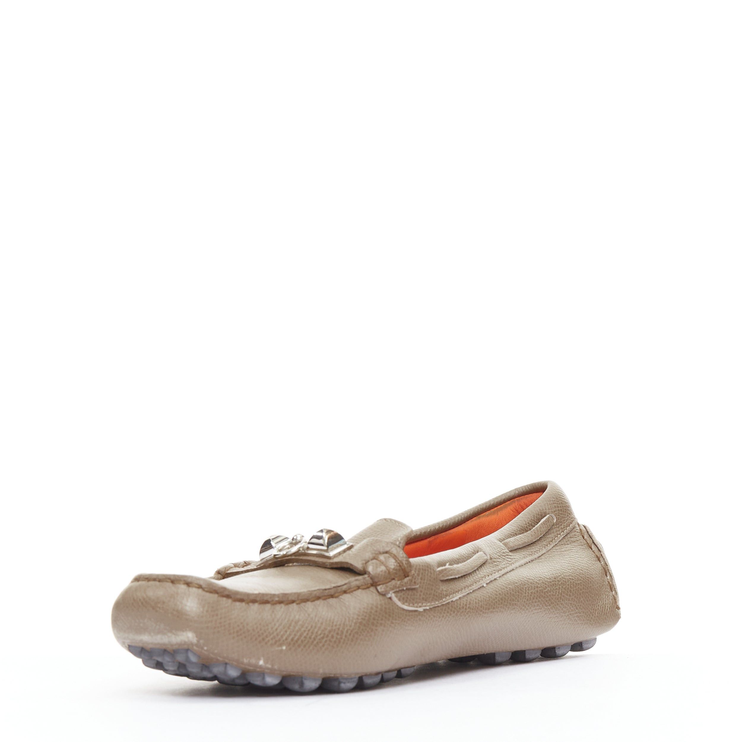 Hermes HERMES Irving stone taupe leather silver stud driving loafers EU35.5 Size US 5.5 / IT 35.5 - 4 Thumbnail
