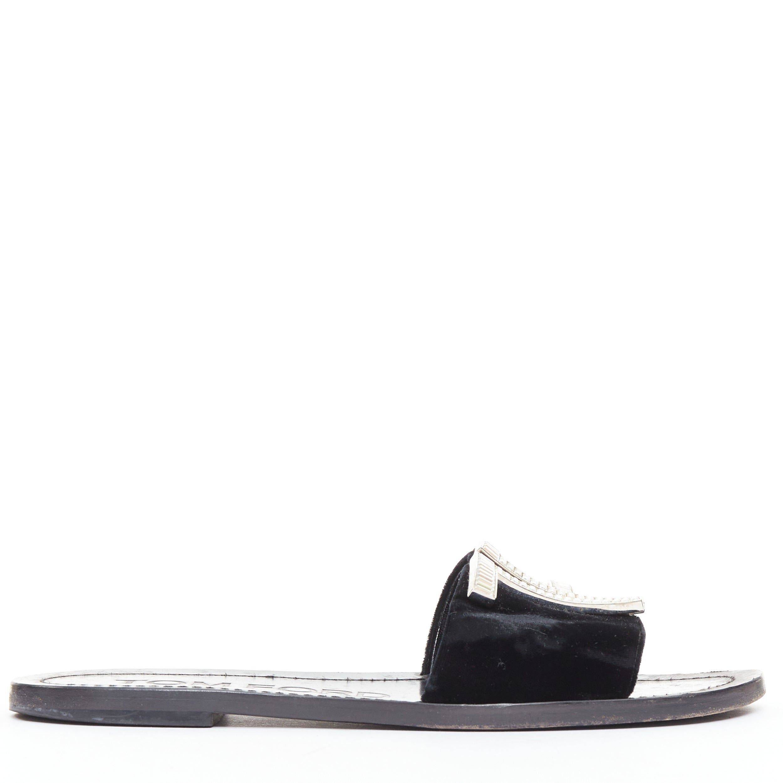 Tom Ford TOM FORD black velvet silver big crystal TF embellished flat sandals EU38 Size US 8 / IT 38 - 2 Thumbnail