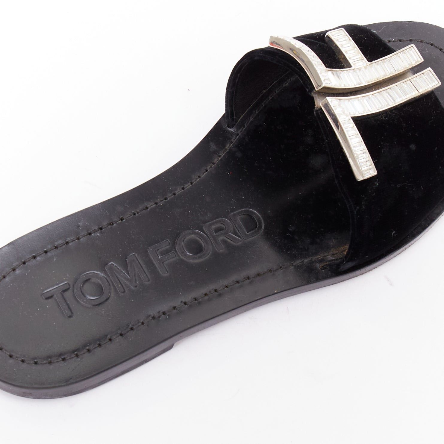 Tom Ford TOM FORD black velvet silver big crystal TF embellished flat sandals EU38 Size US 8 / IT 38 - 8 Thumbnail