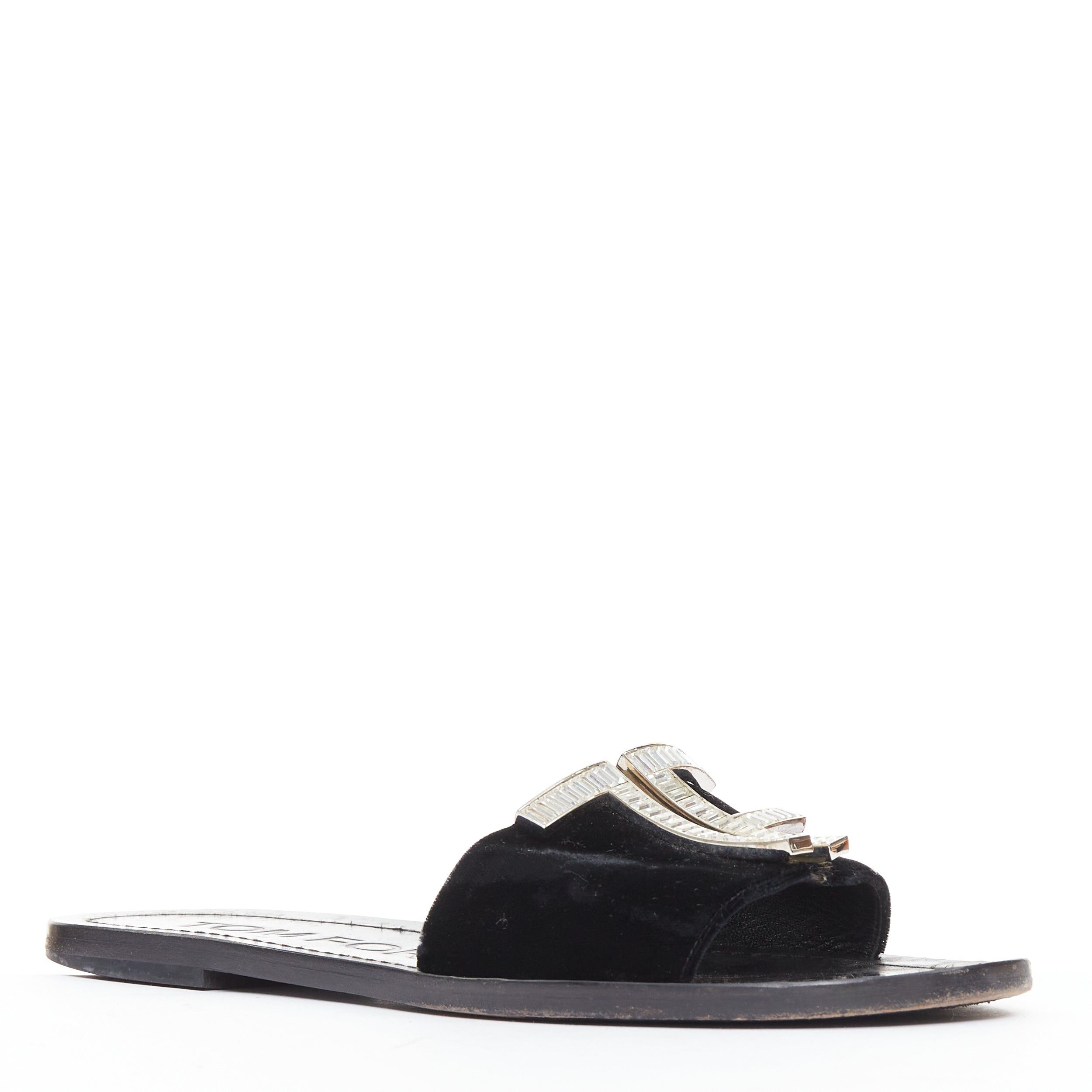 Tom Ford TOM FORD black velvet silver big crystal TF embellished flat sandals EU38 Size US 8 / IT 38 - 3 Thumbnail