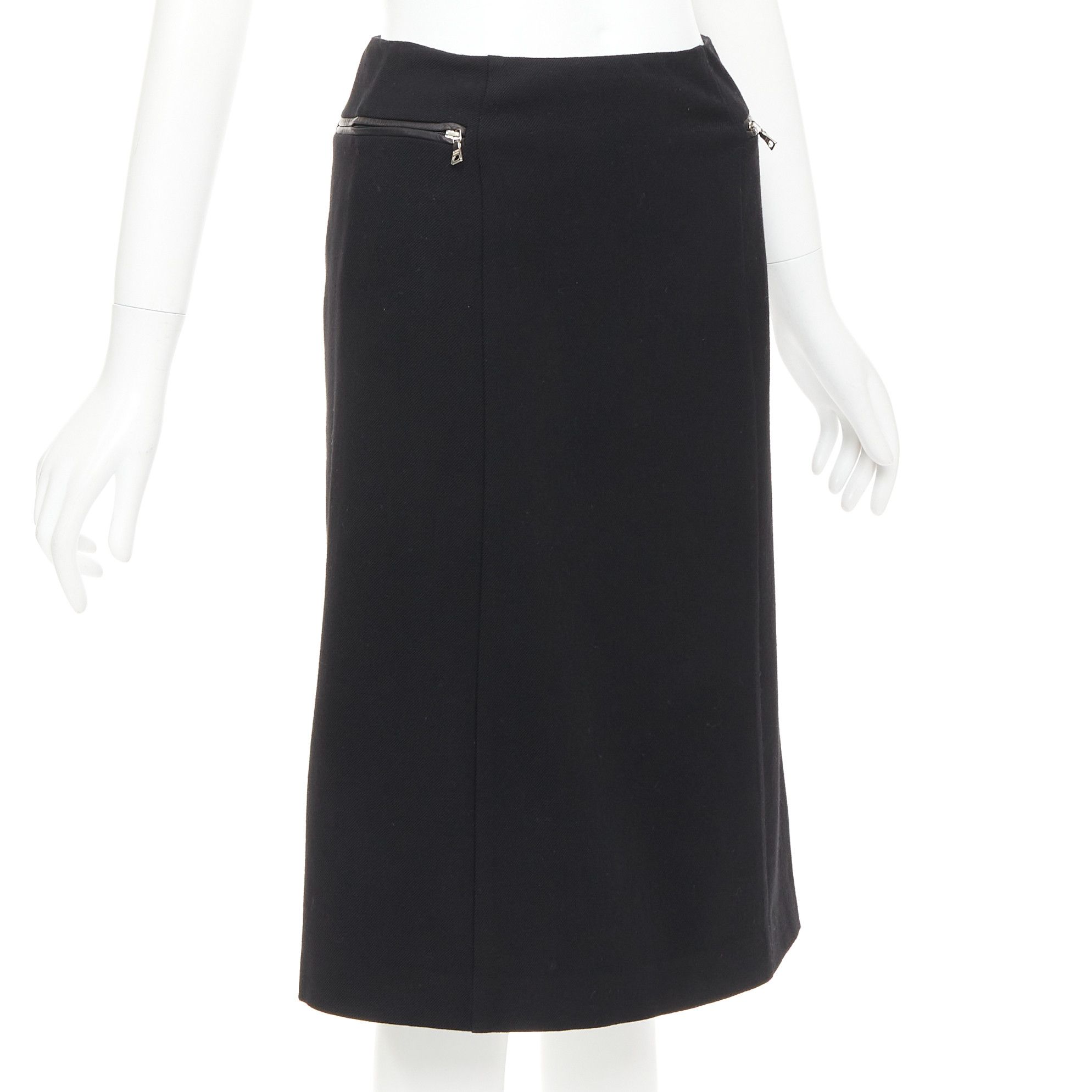 Prada PRADA Vintage black wool minimal linear leather trim zip pocket pencil skirt IT38 XS Size 26" / US 2 / IT 38 - 3 Thumbnail