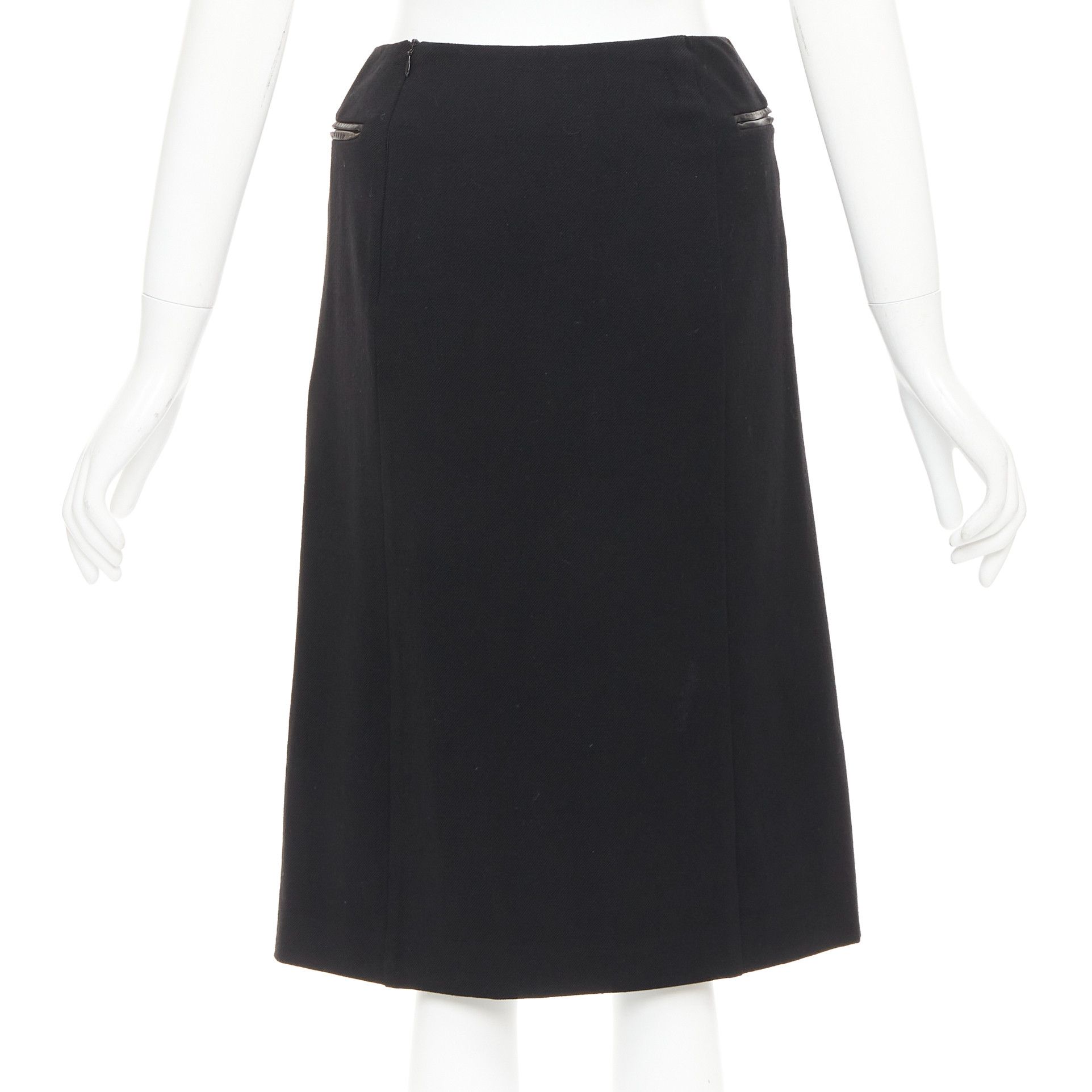 Prada PRADA Vintage black wool minimal linear leather trim zip pocket pencil skirt IT38 XS Size 26" / US 2 / IT 38 - 5 Thumbnail