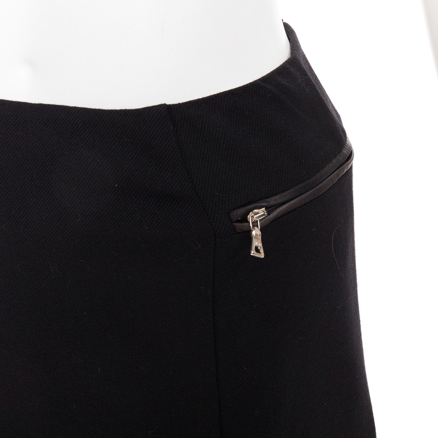 Prada PRADA Vintage black wool minimal linear leather trim zip pocket pencil skirt IT38 XS Size 26" / US 2 / IT 38 - 7 Thumbnail