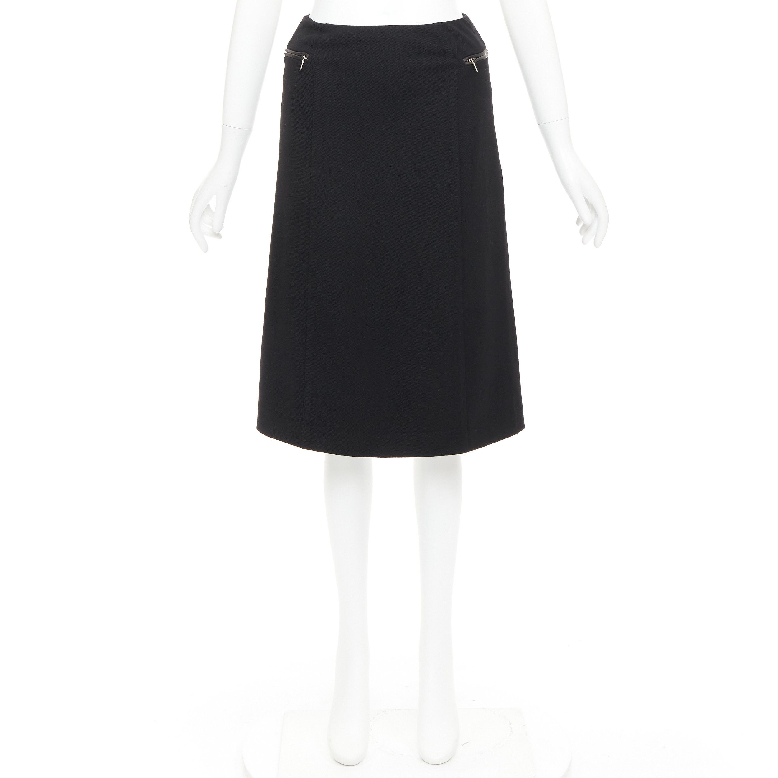 Prada PRADA Vintage black wool minimal linear leather trim zip pocket pencil skirt IT38 XS Size 26" / US 2 / IT 38 - 9 Thumbnail
