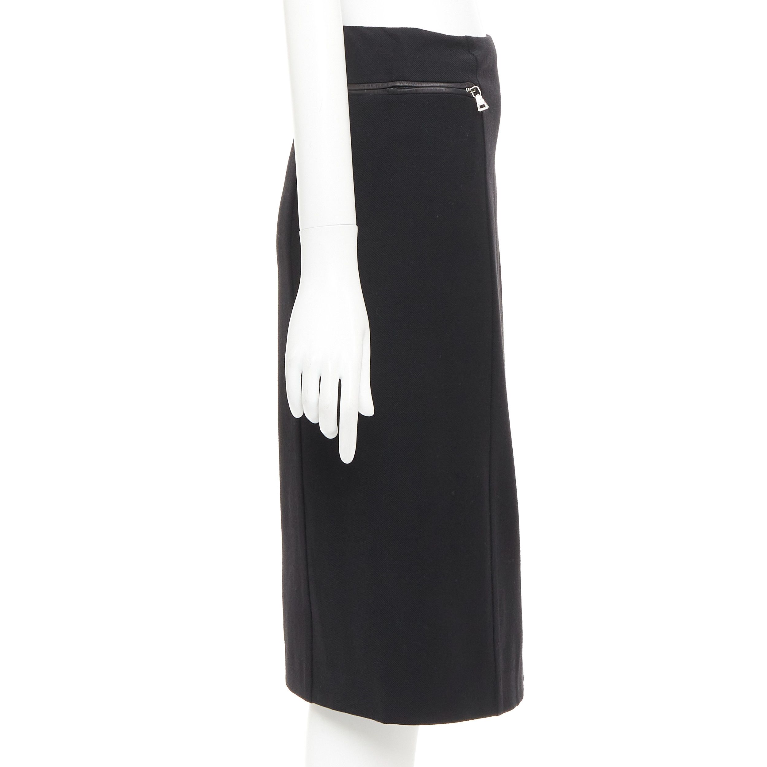 Prada PRADA Vintage black wool minimal linear leather trim zip pocket pencil skirt IT38 XS Size 26" / US 2 / IT 38 - 4 Thumbnail