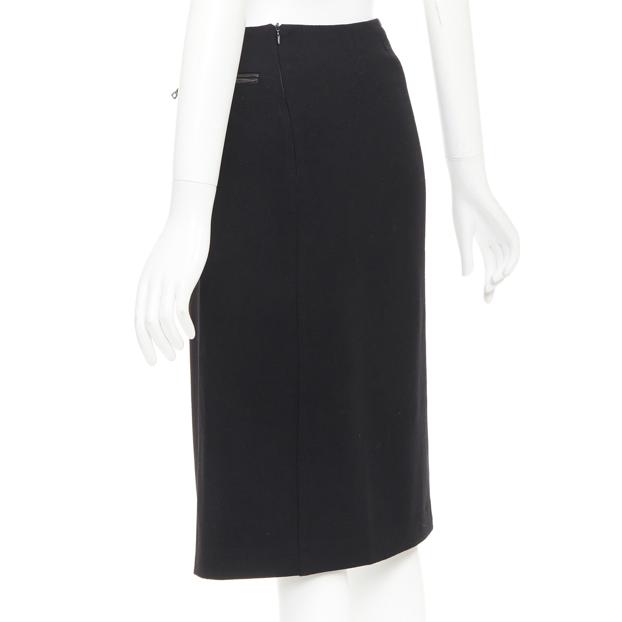 Prada PRADA Vintage black wool minimal linear leather trim zip pocket pencil skirt IT38 XS Size 26" / US 2 / IT 38 - 6 Thumbnail