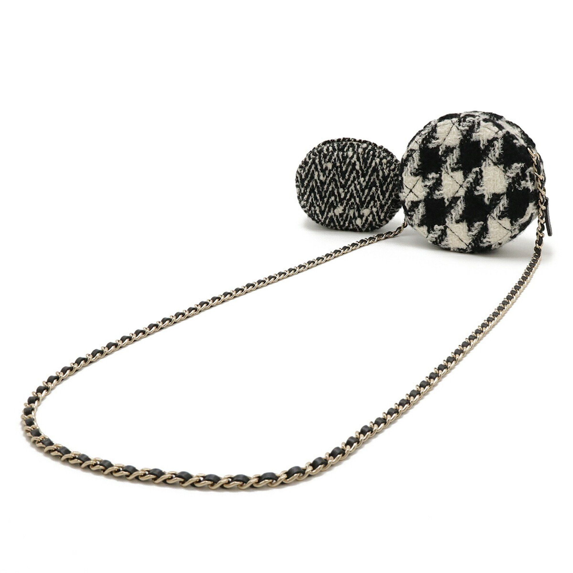 Chanel CHANEL Round Chain Shoulder Pochette in Houndstooth Tweed with Boa, Ivory and Black, AP0986 Size ONE SIZE - 3 Thumbnail