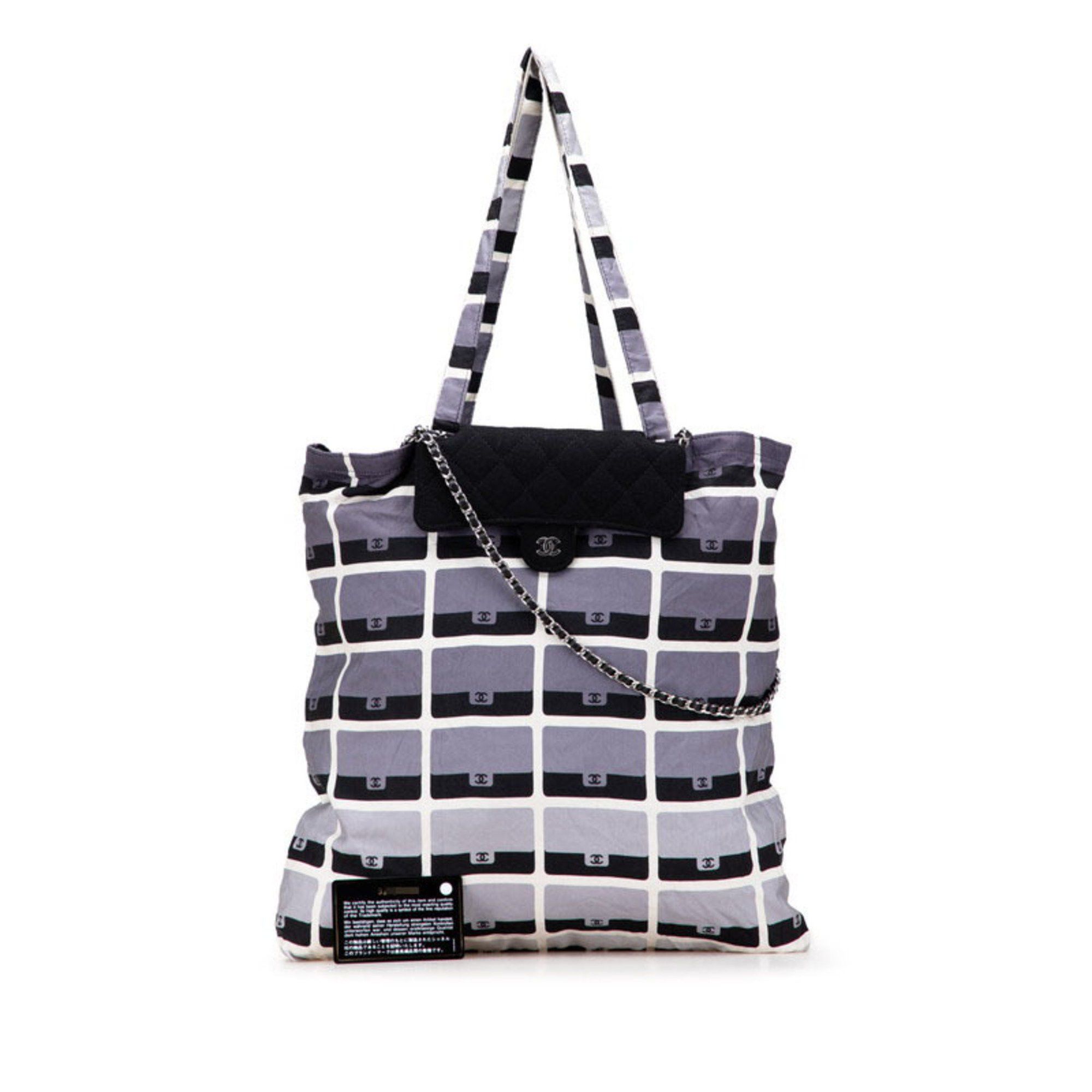 CHANEL Matelasse Tote Bag, Eco Chain Shoulder 2-Way, Black, White, Gray, Cotton, Women's