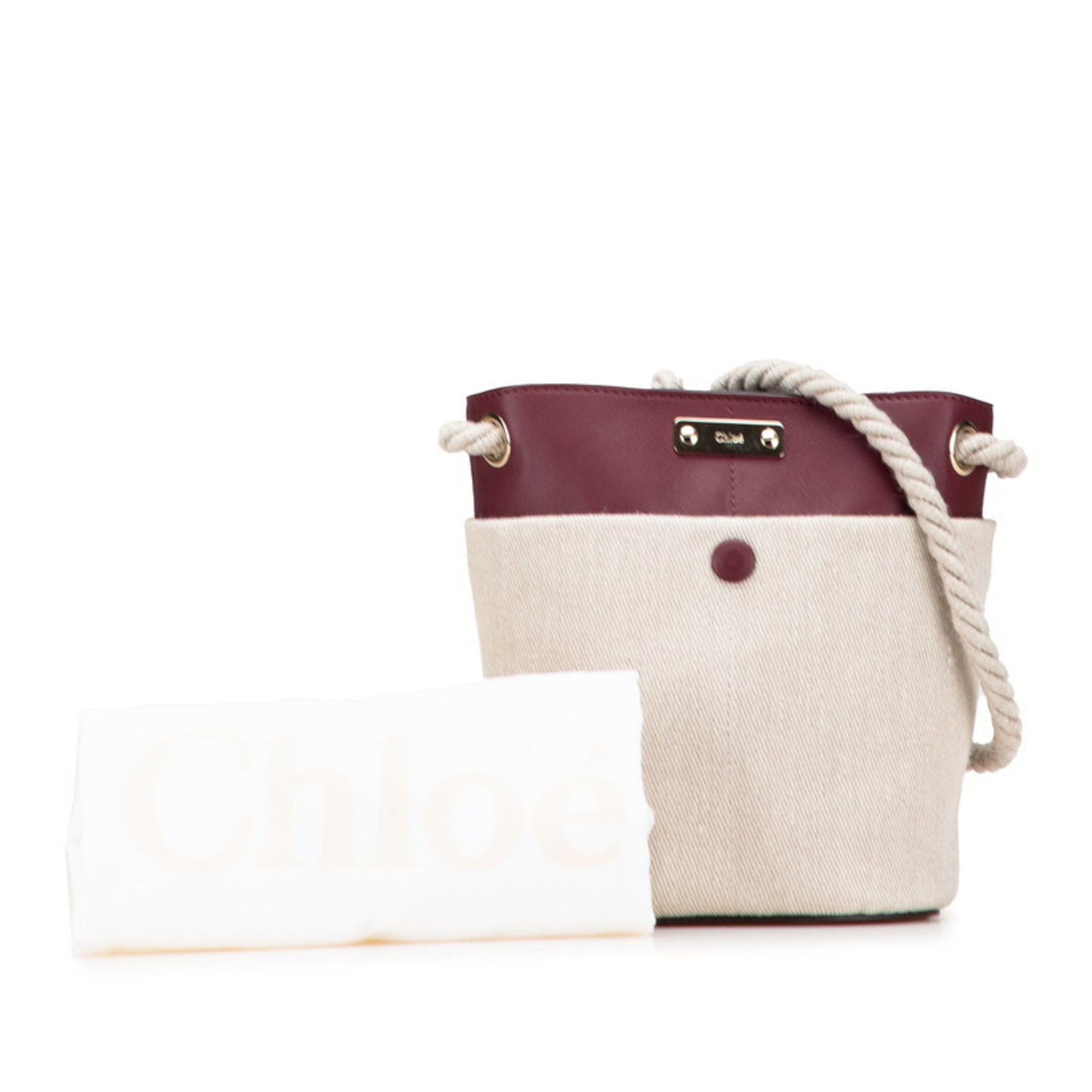 Chloe Chloé Chloe KEY Bucket Bag, Small, Crossbody Shoulder Beige, Wine Red, Leather, Linen, Women's Size ONE SIZE - 9 Thumbnail
