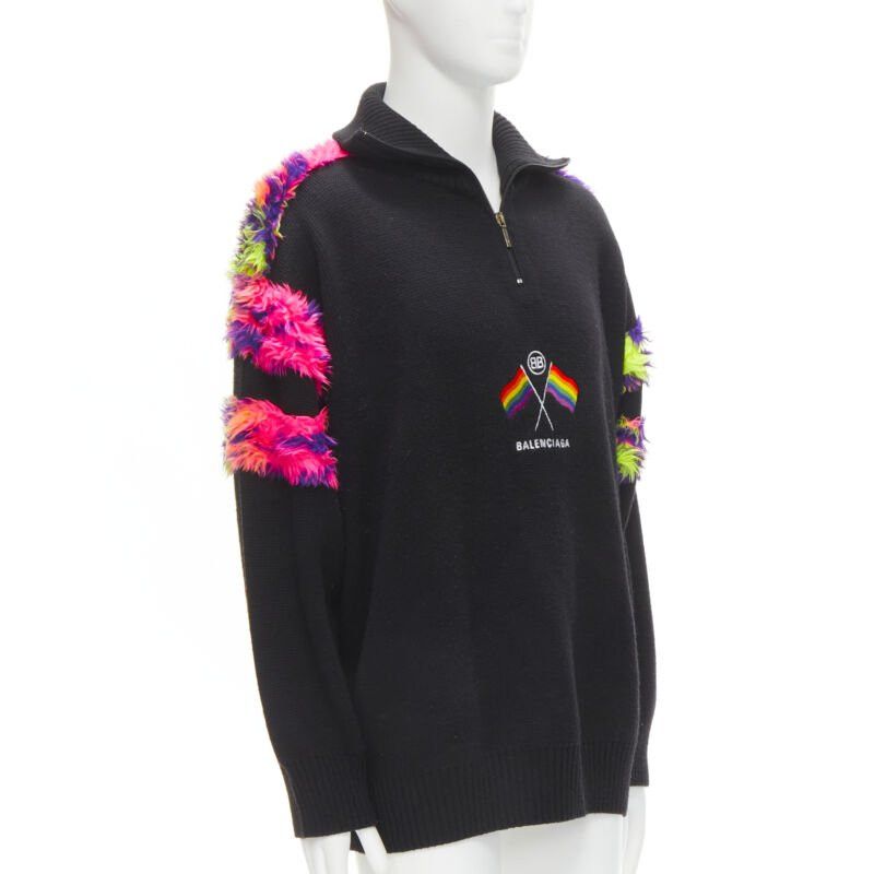 Balenciaga BALENCIAGA 2018 BB Pride Flag embroidery faux fur black wool turtleneck XS Size US XS / EU 42 / 0 - 3 Thumbnail