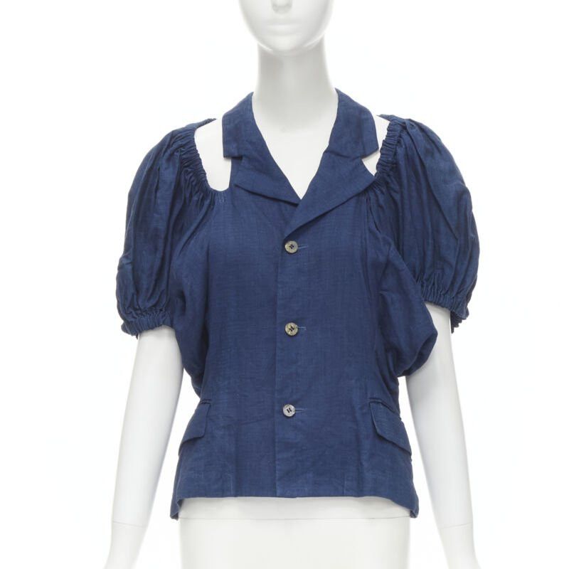 Comme des Garcons vintage COMME DES GARCONS 1989 blue linen ruched sleeve cut out top shorts set M Size 28" / US 6 / IT 42 - 6 Thumbnail