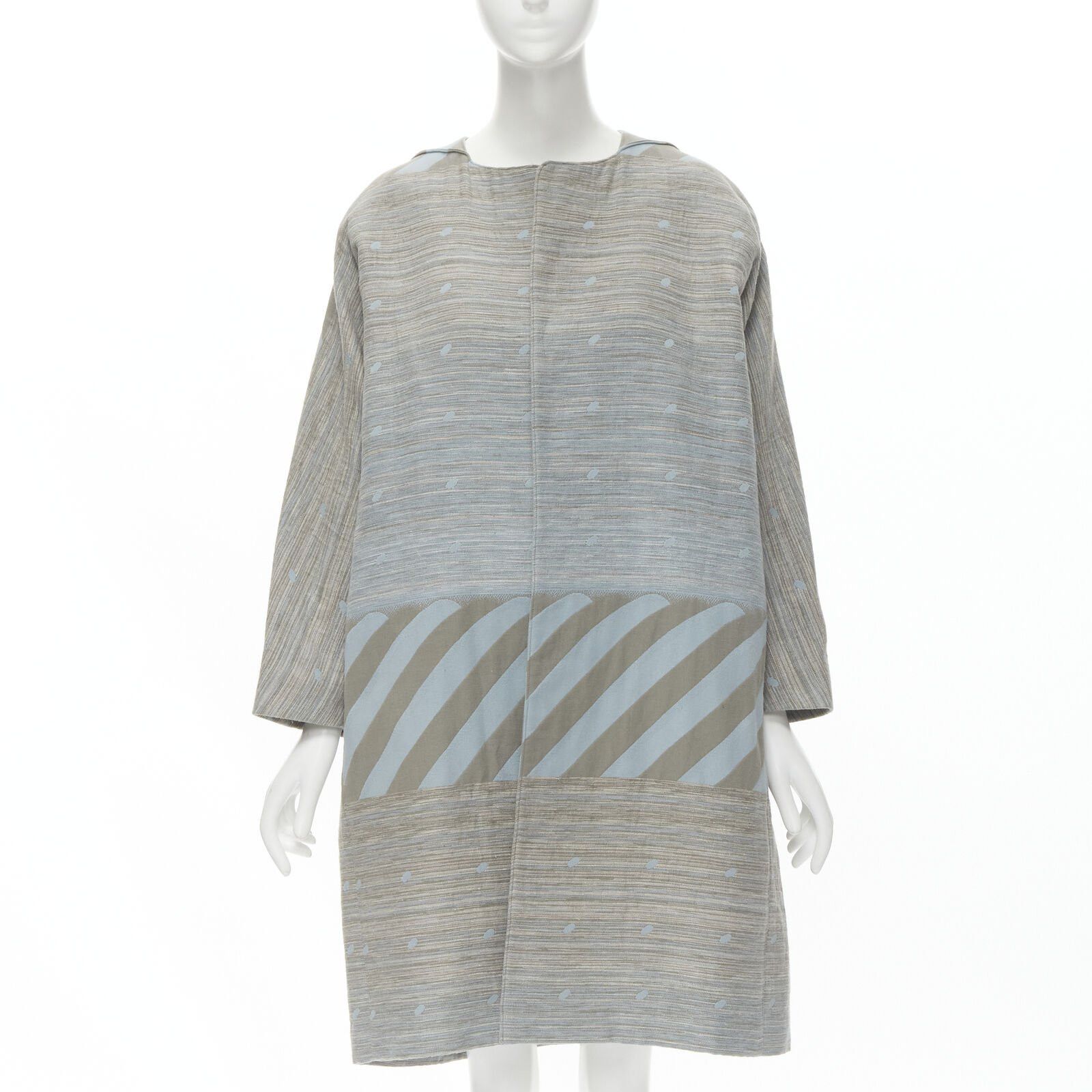 Issey Miyake ISSEY MIYAKE 1980's Vintage grey sky blue geometric jacquard Cocoon coat M Rare Size M / US 6-8 / IT 42-44 - 3 Thumbnail