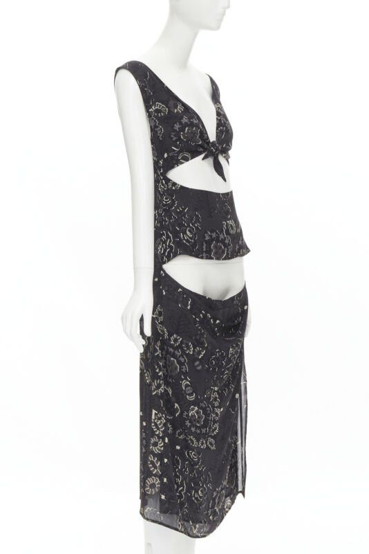 Yohji Yamamoto YOHJI YAMAMOTO black pixelated floral paisley cut out draped front midi dress S Size S / US 4 / IT 40 - 3 Thumbnail
