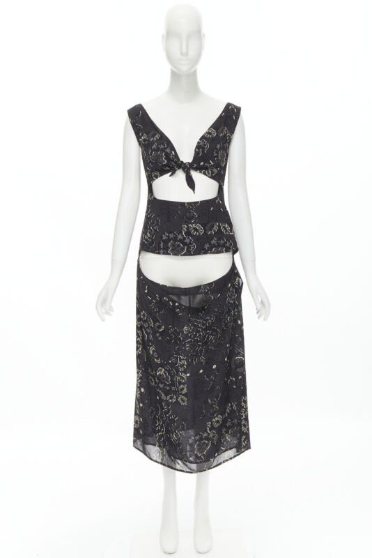 Yohji Yamamoto YOHJI YAMAMOTO black pixelated floral paisley cut out draped front midi dress S Size S / US 4 / IT 40 - 10 Thumbnail