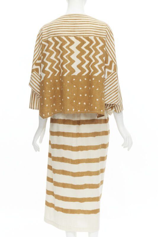 Issey Miyake ISSEY MIYAKE 1980's Vintage beige yellow tribal stripe boxy top skirt set Size M / US 6-8 / IT 42-44 - 4 Thumbnail
