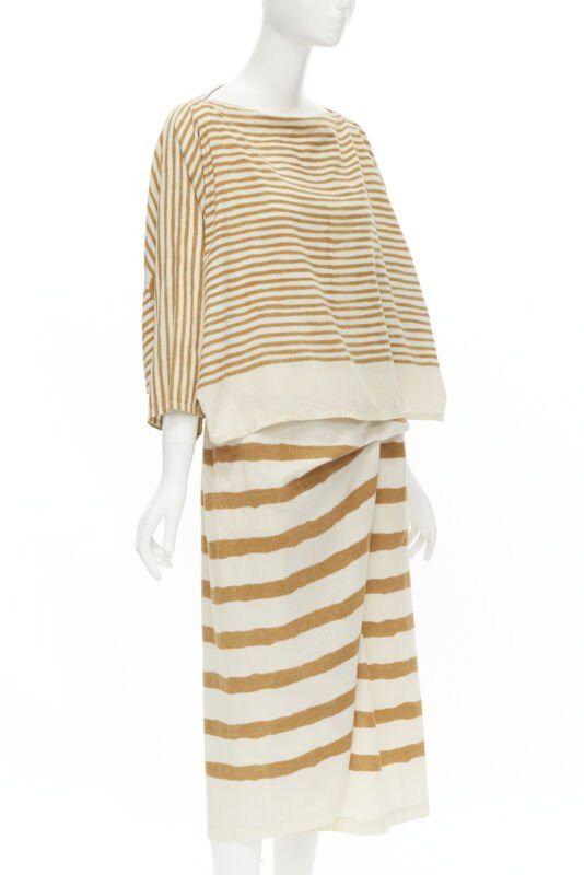 Issey Miyake ISSEY MIYAKE 1980's Vintage beige yellow tribal stripe boxy top skirt set Size M / US 6-8 / IT 42-44 - 2 Thumbnail