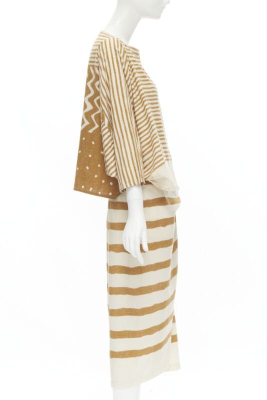 Issey Miyake ISSEY MIYAKE 1980's Vintage beige yellow tribal stripe boxy top skirt set Size M / US 6-8 / IT 42-44 - 3 Thumbnail