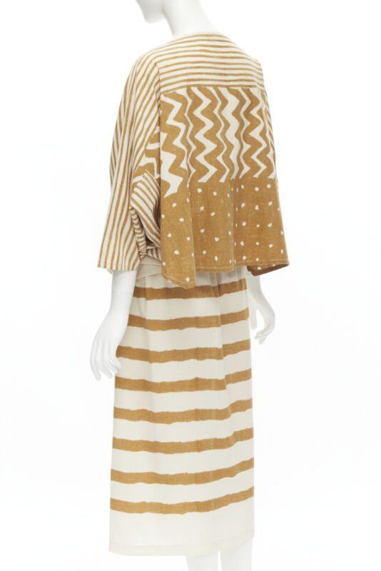 Issey Miyake ISSEY MIYAKE 1980's Vintage beige yellow tribal stripe boxy top skirt set Size M / US 6-8 / IT 42-44 - 5 Thumbnail