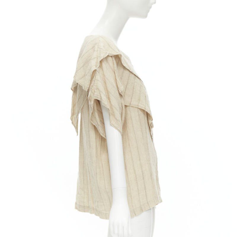Issey Miyake ISSEY MIYAKE 1980's Vintage beige striped linen waterfall ruffle top S Rare Size S / US 4 / IT 40 - 4 Thumbnail