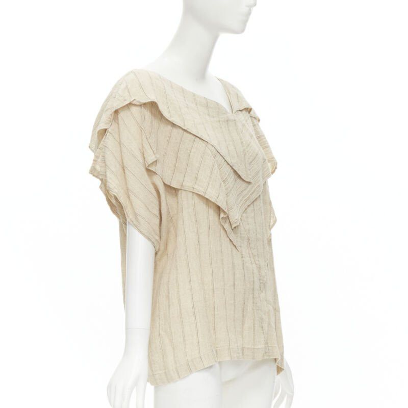Issey Miyake ISSEY MIYAKE 1980's Vintage beige striped linen waterfall ruffle top S Rare Size S / US 4 / IT 40 - 3 Thumbnail