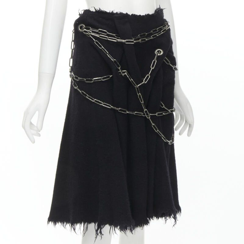 Junya Watanabe JUNYA WATANABE 2003 black boiled wool frayed edge silver punk chain midi skirt S Size 27" / US 4 / IT 40 - 3 Thumbnail