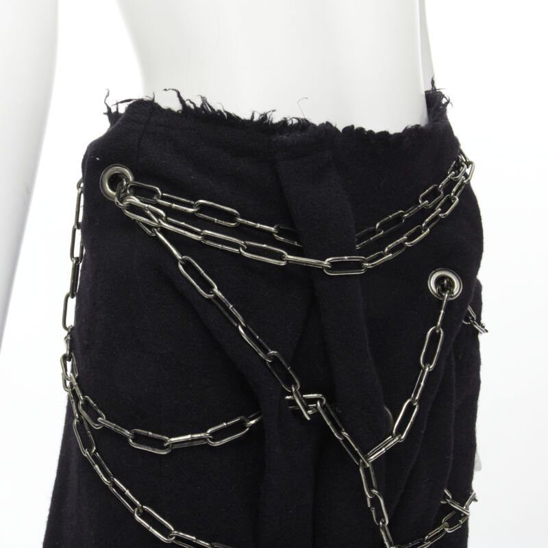 Junya Watanabe JUNYA WATANABE 2003 black boiled wool frayed edge silver punk chain midi skirt S Size 27" / US 4 / IT 40 - 2 Thumbnail