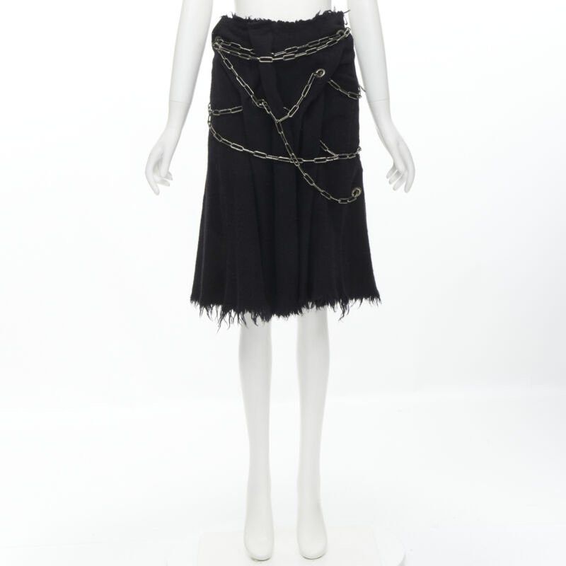 Junya Watanabe JUNYA WATANABE 2003 black boiled wool frayed edge silver punk chain midi skirt S Size 27" / US 4 / IT 40 - 10 Thumbnail