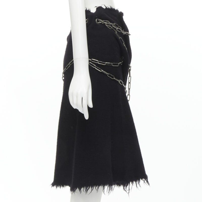 Junya Watanabe JUNYA WATANABE 2003 black boiled wool frayed edge silver punk chain midi skirt S Size 27" / US 4 / IT 40 - 4 Thumbnail