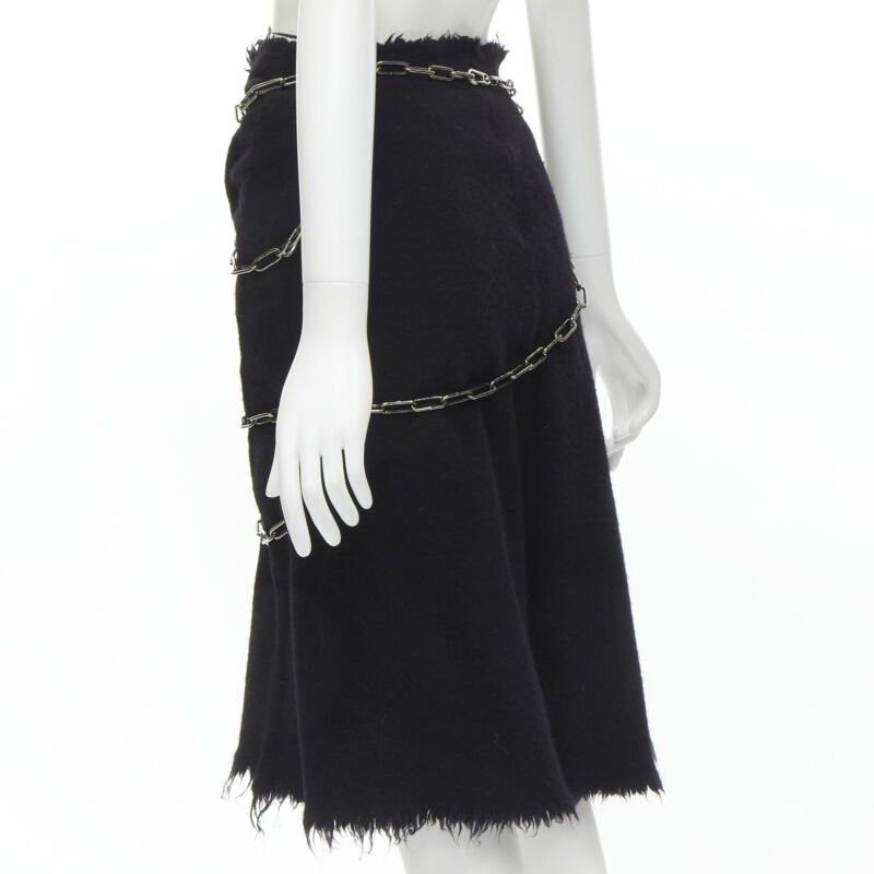 Junya Watanabe JUNYA WATANABE 2003 black boiled wool frayed edge silver punk chain midi skirt S Size 27" / US 4 / IT 40 - 6 Thumbnail