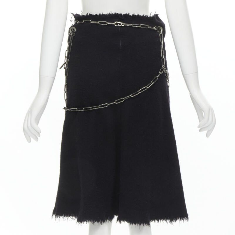 Junya Watanabe JUNYA WATANABE 2003 black boiled wool frayed edge silver punk chain midi skirt S Size 27" / US 4 / IT 40 - 5 Thumbnail
