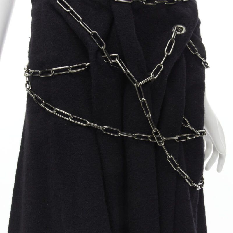 Junya Watanabe JUNYA WATANABE 2003 black boiled wool frayed edge silver punk chain midi skirt S Size 27" / US 4 / IT 40 - 7 Thumbnail