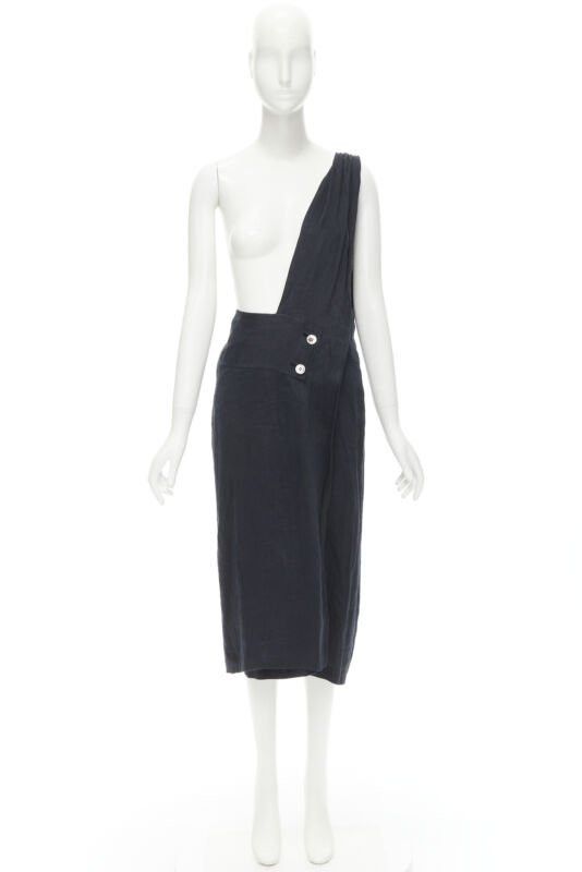 Comme des Garcons COMME DES GARCONS Vintage black linen one shoulder sash button dungaree skirt S Size 26" / US 2 / IT 38 - 10 Thumbnail