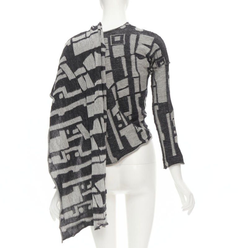 Comme des Garcons COMME DES GARCONS 1980's Vintage grey abstract wool intarsia wrap scarf cardigan Size M / US 6-8 / IT 42-44 - 5 Thumbnail