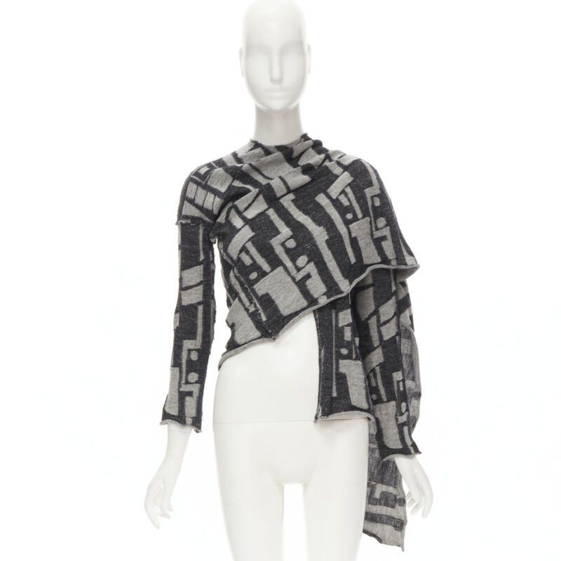 Comme des Garcons COMME DES GARCONS 1980's Vintage grey abstract wool intarsia wrap scarf cardigan Size M / US 6-8 / IT 42-44 - 10 Thumbnail
