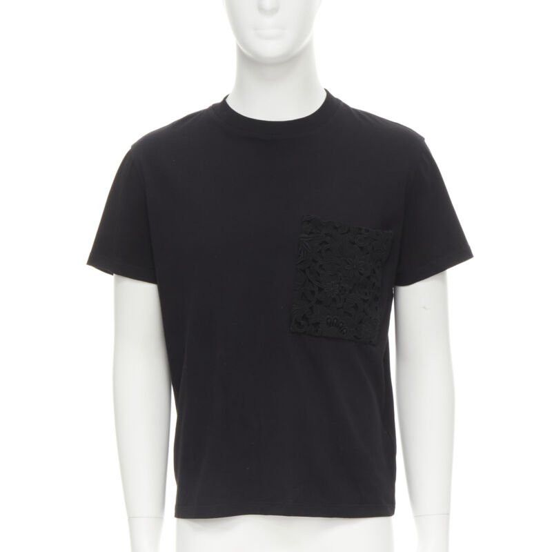 Valentino VALENTINO floral lace breast pocket white logo black cotton tshirt S Size US S / EU 44-46 / 1 - 3 Thumbnail
