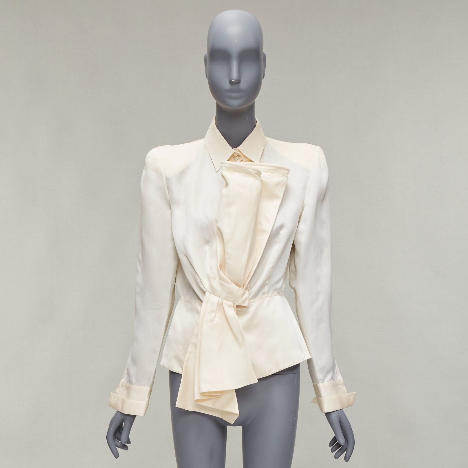 Gianfranco Ferre GIANFRANCO FERRE Vintage cream silk XL bow detail power shoulder jacket IT44 L Size M / US 6-8 / IT 42-44 - 11 Thumbnail