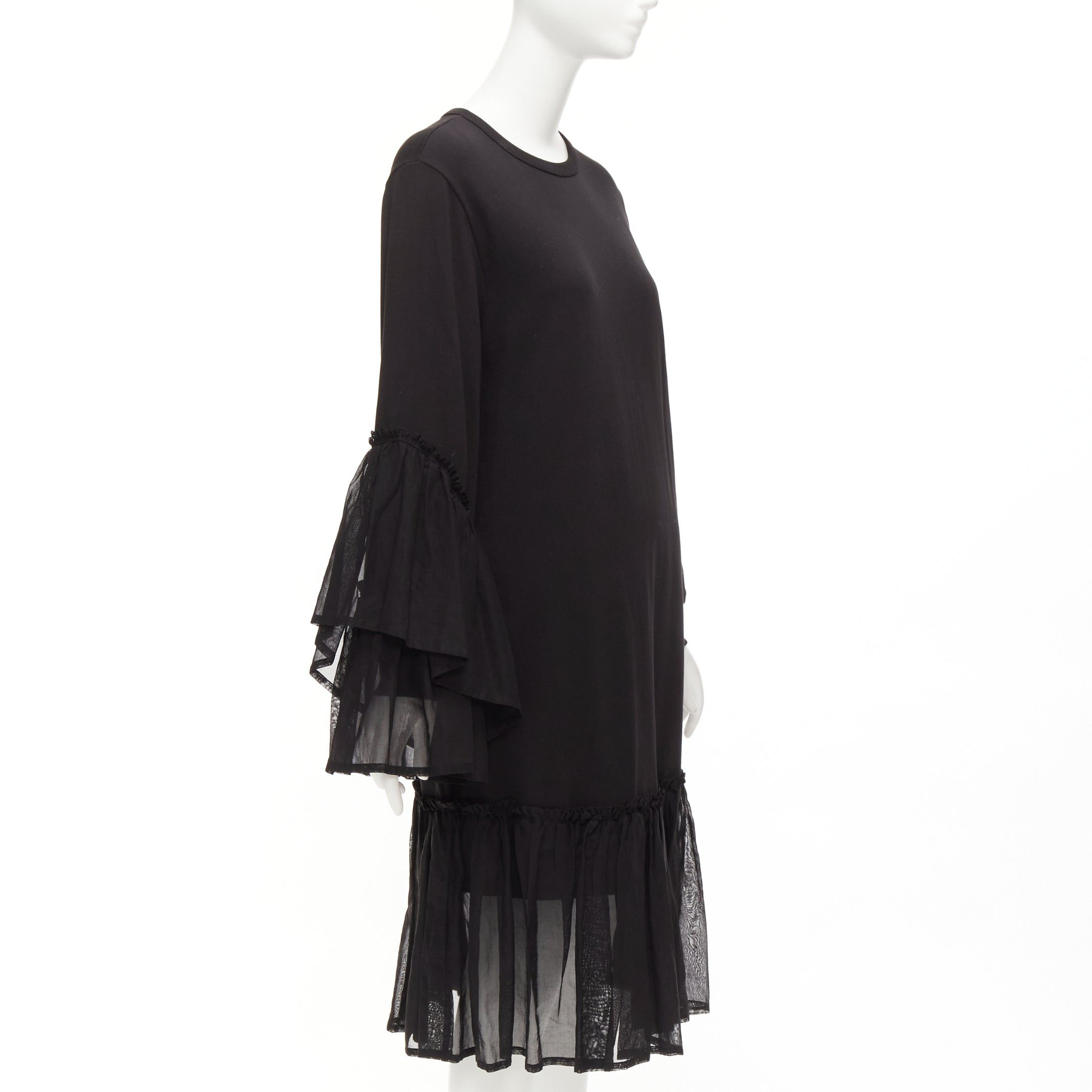 Dries Van Noten DRIES VAN NOTEN black cotton asymmetric sleeve ruffle hem sweatshirt dress S Size S / US 4 / IT 40 - 3 Thumbnail