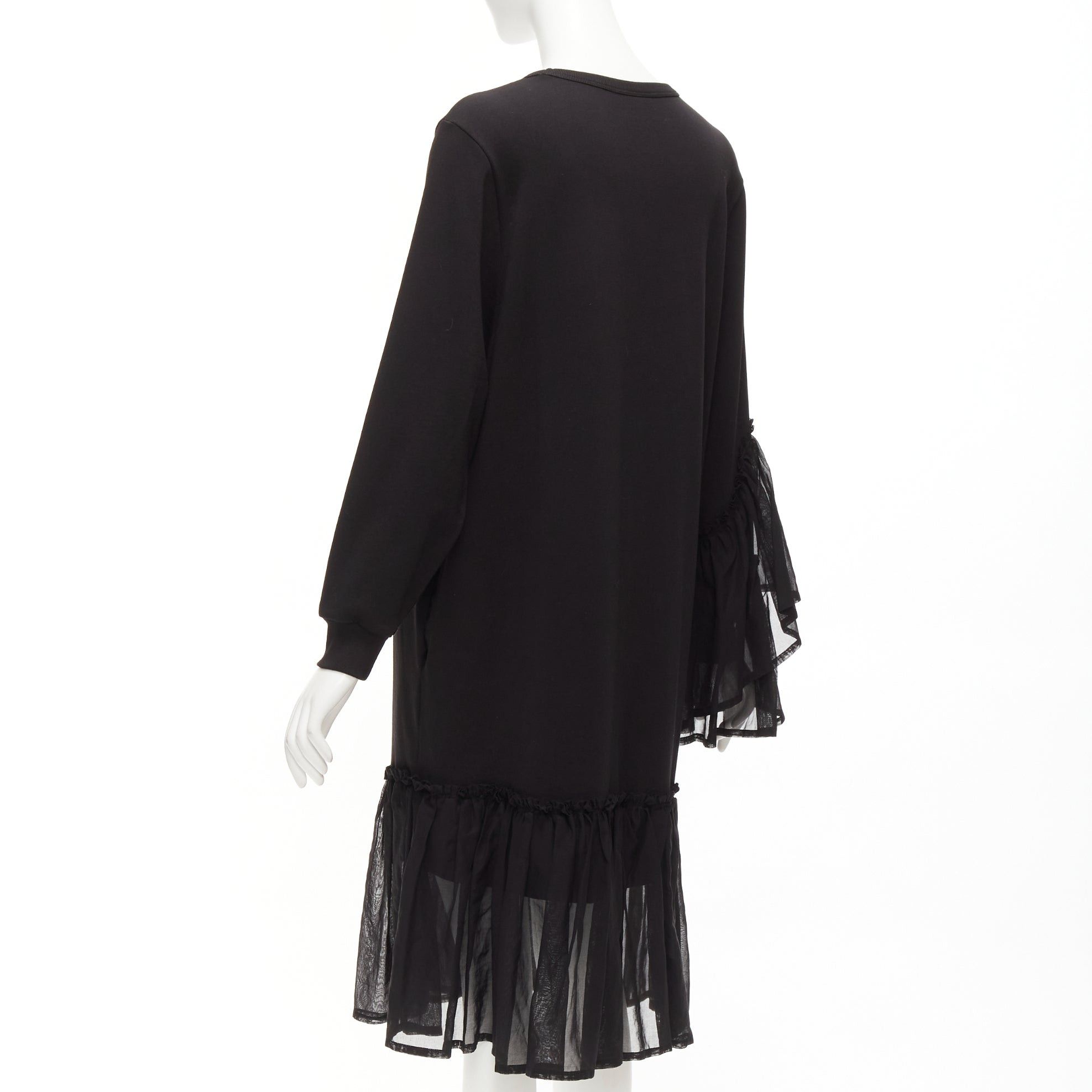 Dries Van Noten DRIES VAN NOTEN black cotton asymmetric sleeve ruffle hem sweatshirt dress S Size S / US 4 / IT 40 - 6 Thumbnail