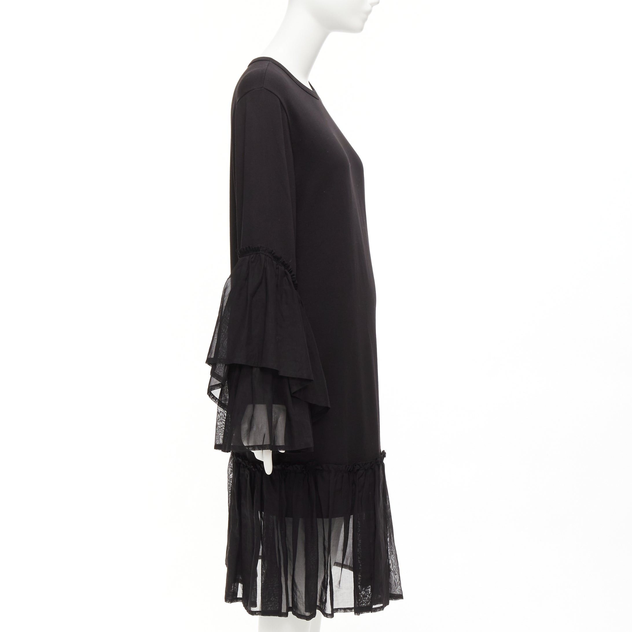 Dries Van Noten DRIES VAN NOTEN black cotton asymmetric sleeve ruffle hem sweatshirt dress S Size S / US 4 / IT 40 - 4 Thumbnail