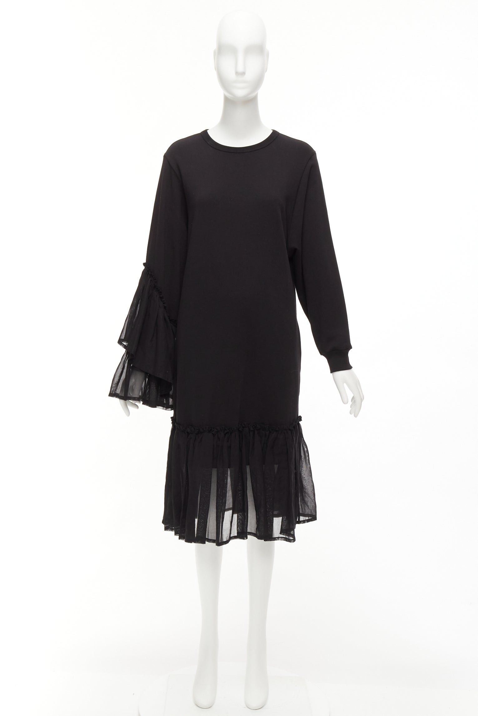 Dries Van Noten DRIES VAN NOTEN black cotton asymmetric sleeve ruffle hem sweatshirt dress S Size S / US 4 / IT 40 - 9 Thumbnail