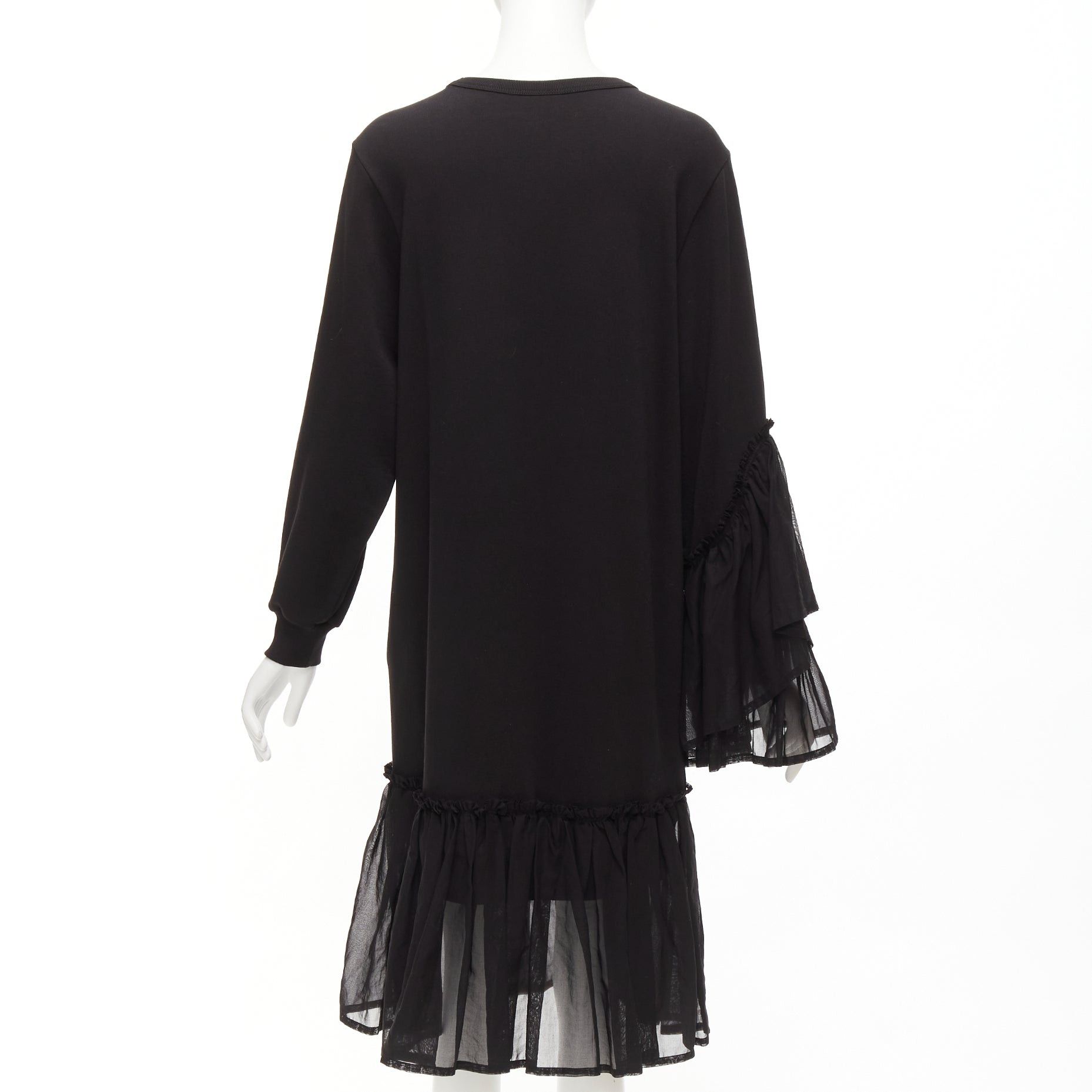 Dries Van Noten DRIES VAN NOTEN black cotton asymmetric sleeve ruffle hem sweatshirt dress S Size S / US 4 / IT 40 - 5 Thumbnail